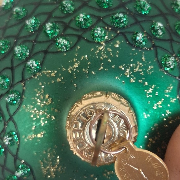 2 Vintage Dept 56 Poland Glass Ornaments Green Gold Glitter Embellished Elegant - Picture 8 of 16
